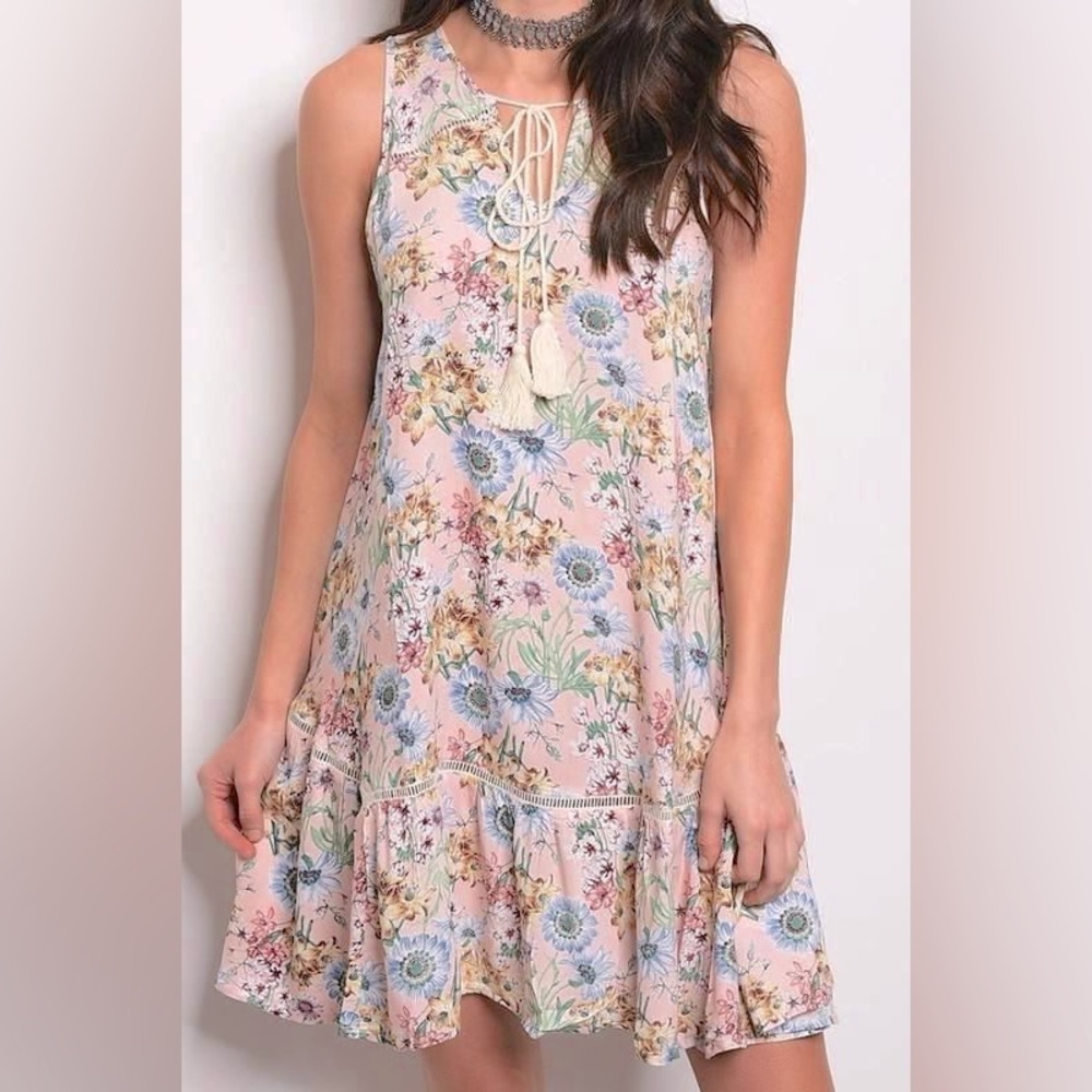 Women’s Boho Floral Tassel Mini Dress S